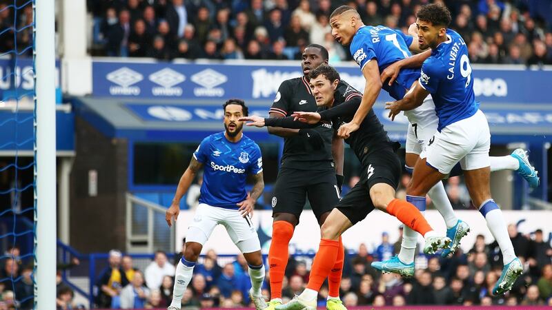 Richarlison opens the scoring for Everton against Chelsea. Photograph:  Clive Brunskill/Getty