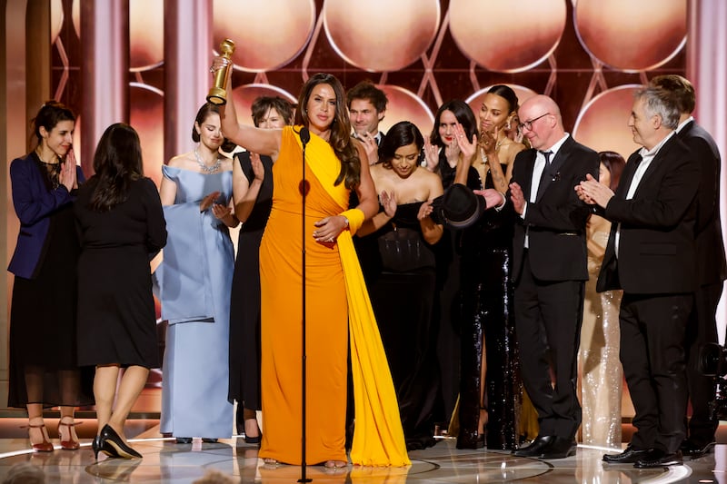 Karla Sofía Gascón accepts the award for best musical or comedy at the 82nd Annual Golden Globe Awards in Beverly Hills, California. Photograph: Sonja Flemming/CBS via Getty Images