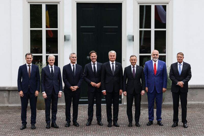 From left are Belgian PM Alexander De Croo, Norwegian PM  Jonas Gahr Store, Nato chief Jens Stoltenberg, Dutch PM Mark Rutte, Lithuanian president Gitanas Nauseda, Polish president Andrzej Duda, Albanian PM Edi Rama and Romanian president Klaus Iohannis meeting in The Hague, Netherlands, this week, ahead of the Nato summit in Vilnius on July 11th and 12th next. Photograph: Simon Wohlfahrt/AFP/Getty 