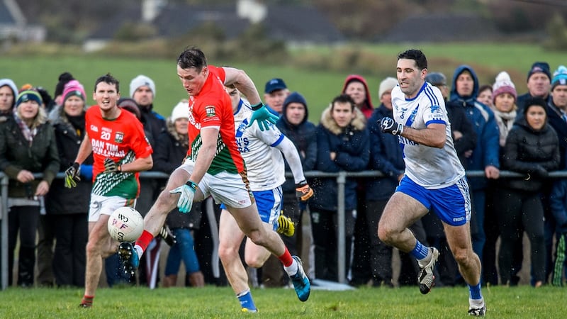 Mark Griffin of St Michaels-Foilmorebreaks from Bryan Sheehan of Saint Mary’s during the South Kerry quarter-final in 2018. Photograph: Stephen Kelleghan