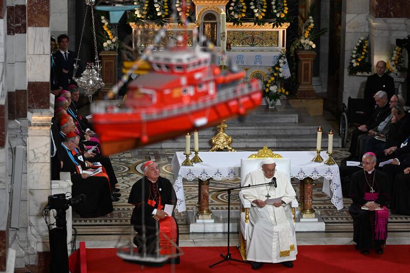 Pope Francis, next to Marseille's Archbishop and Cardinal Jean-Marc Aveline (left), delivers a speech as he takes part in a Marian prayer with the diocesan clergy and faithfuls at the Basilica of Notre-Dame de la Garde in Marseille, southern France, on Friday. Photograph: Andreas Solaro/AFP