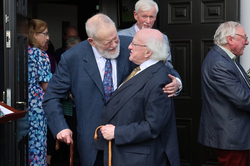 President Michael D Higgins with Michael Longley at a service to celebrate the life of Michael Viney. Photograph: Dara Mac Dónaill / The Irish Times








