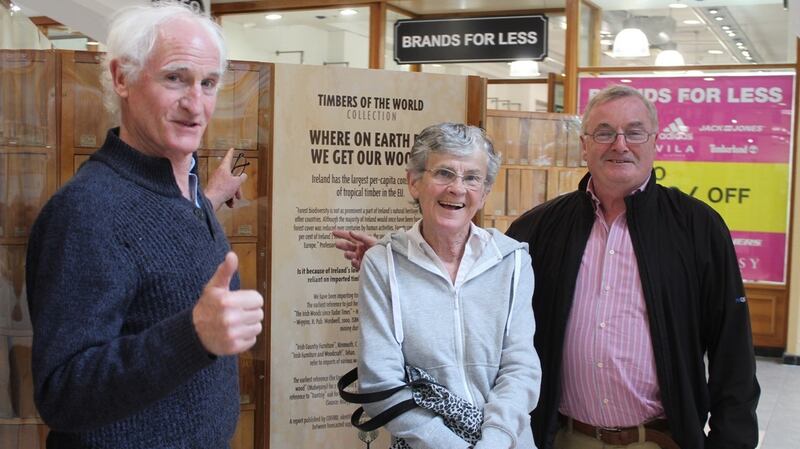 Environmentalist Duncan Stewart (left) launching the Timbers of the World collection showing at the Outlet Centre in Killarney, Co Kerry, in May. The exhibition was organised by forestry campaigner Tom Roche of the Just Forests campaign group (not pictured).