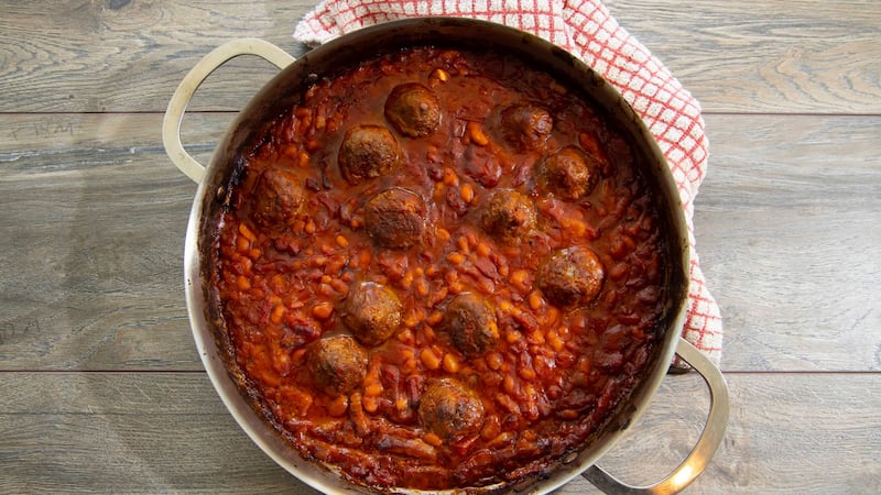 Baked meatball casserole with sweet paprika beans. Photograph: Patrick Browne