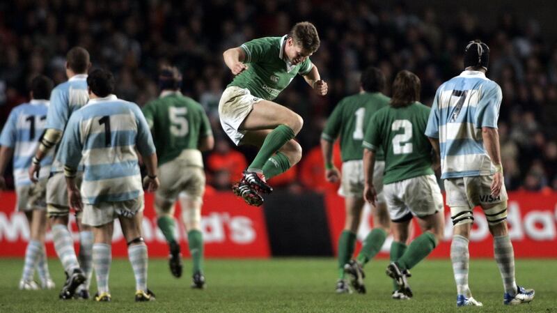 Ireland’s Ronan O’Gara celebrates his last minute match-winning drop goal at Lansdowne Road in 2004. Ireland won 21-19. Photograph: Tom Honan/Inpho