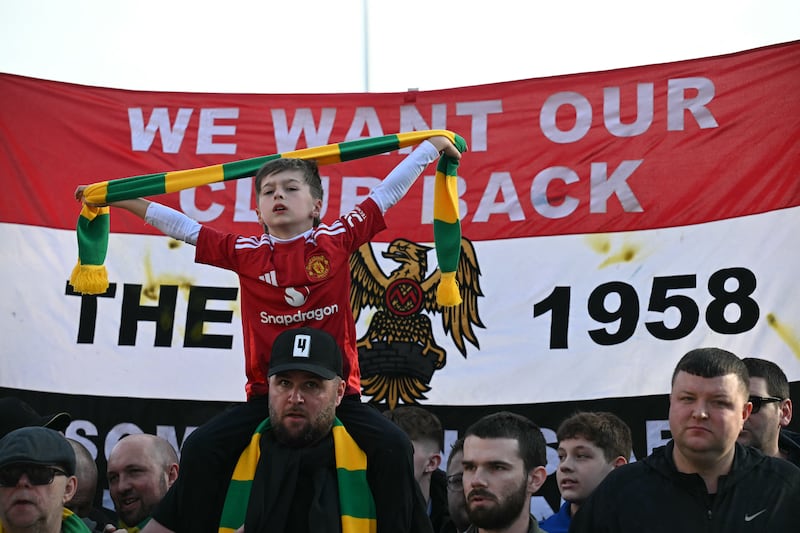 Manchester United protested outside Old Trafford again in Sunday. Photograph: Paul Ellis/AFP via Getty Images         