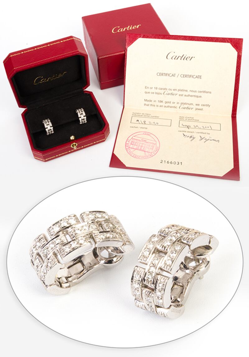 Cartier diamond and white gold Panthere link earrings, with their original certificate are listed at €1,400-€1,800 at Adam's of Blackrock