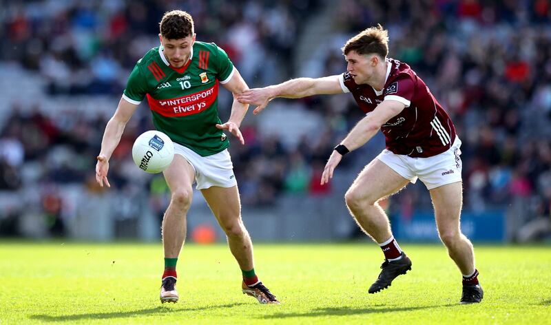 Mayo's Fionn McDonagh and Cathal Sweeney of Galway in action during the Allianz Football League Division 1 final earlier this month. Photograph: Ryan Byrne/Inpho