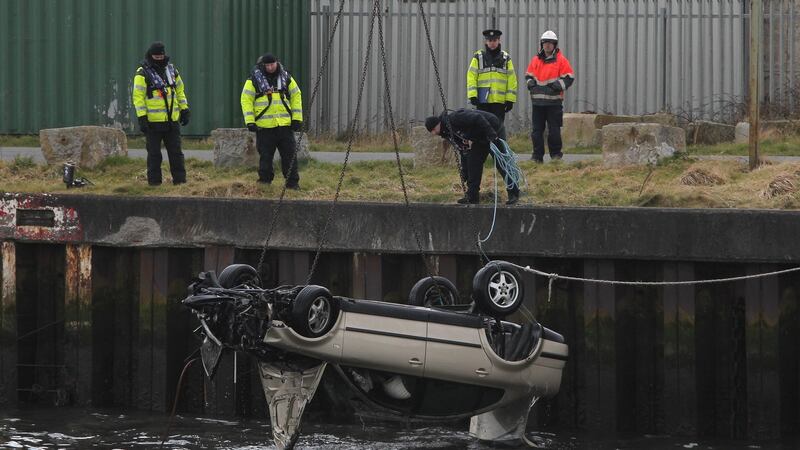 A vehicle is brought to the surface following a search by emergency services of the  area around Arklow Pier in Co Wicklow after a car containing a man and a woman crashed into the sea this morning. Photograph:  Niall Carson/PA