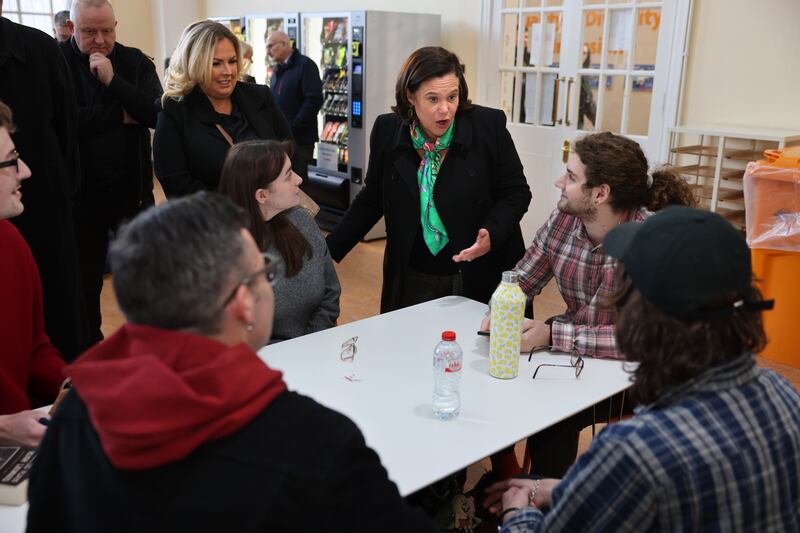 Mary Lou McDonald and Sinn Féin candidate for Carlow-Kilkenny Áine Gladney-Knox (standing on left), meet students Stewart Quinn, Raymond Farrell, Kelsey Motherway, Daragh Ó Faoláin and Jacob Ray-Halliday, in Carlow College, St. Patrick's on Wednesday. Photograph: Dara Mac Dónaill




