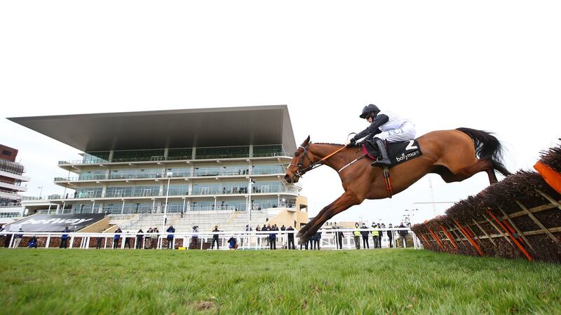 Bob Olinger ridden by Rachael Blackmore jumps the last on the way to winning the Ballymore Novices’ Hurdle during day two of the Cheltenham Festival. Photo: Michael Steele/PA Wire