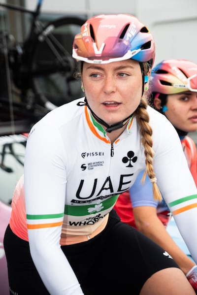 Lara Gillespie (UAE Development Team) before the Antwerp Port Epic Ladies race in Belgium on May 19th. Photograph: Arianna Bonaita