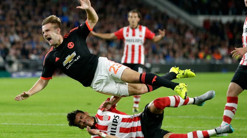 Shaw’s United career took a blow when he broke his leg playing against PSV. Photo: Getty Images