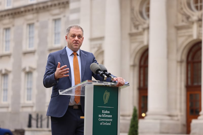 Thomas Byrne launching an Irish language plan for the public service at Government Buildings. Photograph: Dara Mac Dónaill