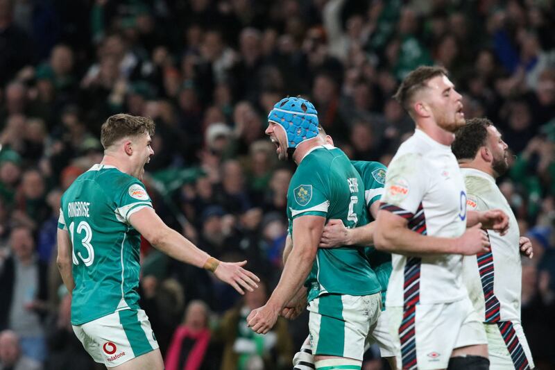 Ireland's lock Tadhg Beirne celebrates after scoring a try against England. Photograph: Paul Faith/AFP