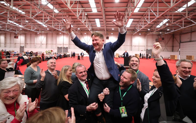 Darragh O'Brien celebrating after he was elected in Dublin Fingal East. Photograph: Dara Mac Dónaill 