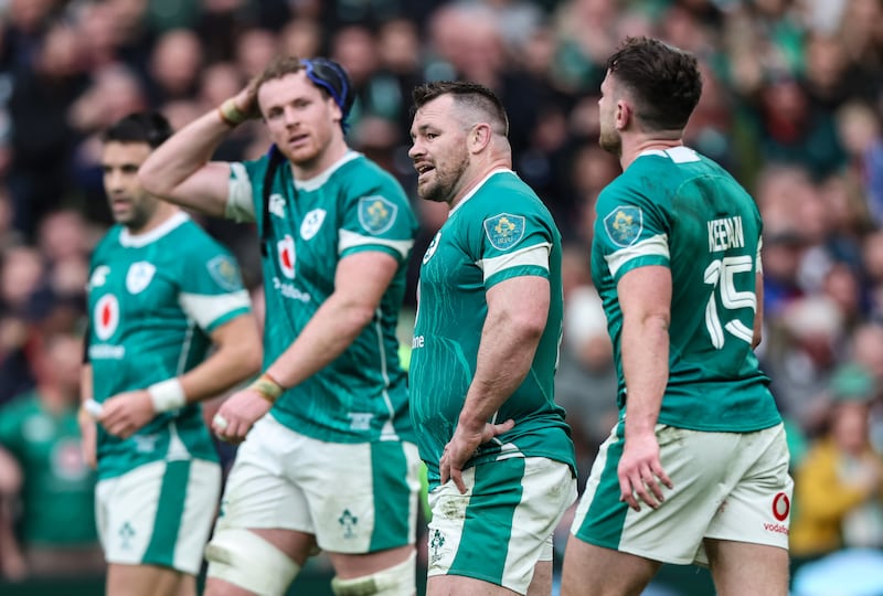 Cian Healy and his Ireland team-mates during their match against France. Photograph: Dan Sheridan/Inpho