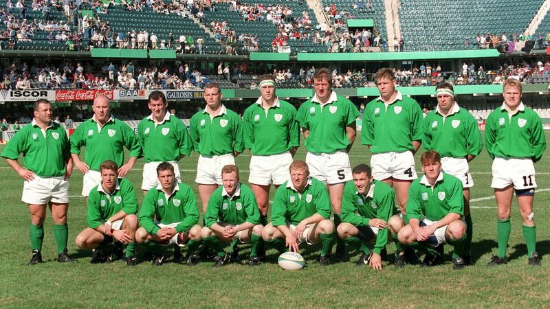 Brendan Mullin (front row, far left) with 1995 Rugby World Cup quarter-final team against France. Back Row (L-R) Nick Popplewell, Gary Halpin, Eric Elwood, David Corkery, Paddy Johns, Neil Francis, Gabriel Fulcher, Paul Wallace and Simon Geoghegan Front Row (L-R) Brendan Mullin, Darragh O’Mahony, Niall Hogan, Conor O’Shea and Jonathan Bell. Photograph: Billy Stickland/Inpho