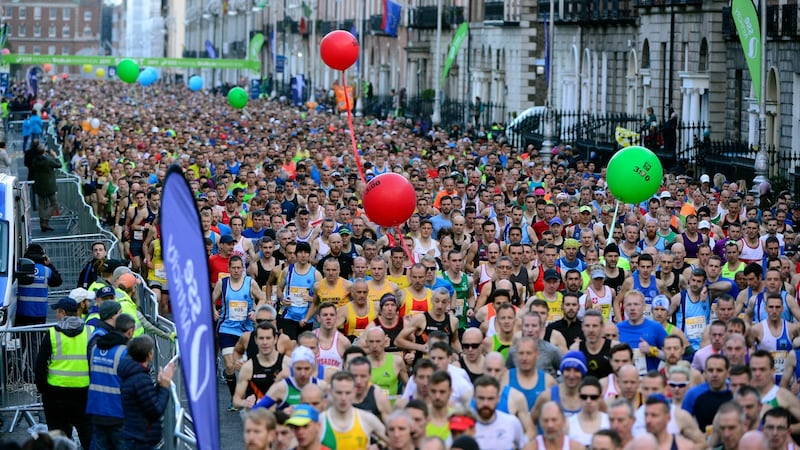 Some of the 20,000 competitors at the start of the Dublin SSE Airtricity marathon. Photograph: Cyril Byrne