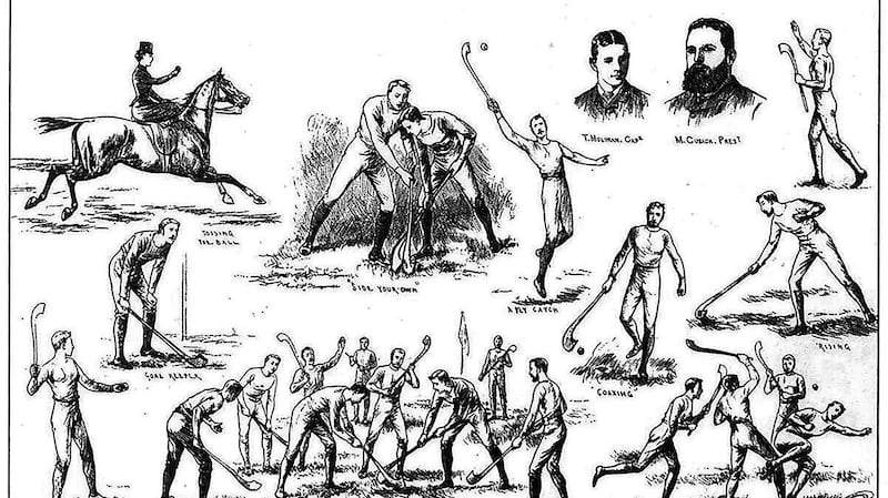 An illustration from a March 1884 issue of the London-based Illustrated Sporting and Dramatic News, depicting hurling skills and match situations. The artist was probably observing the Metropolitan Hurling Club, founded in Dublin in 1883.