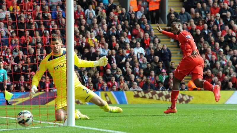 Liverpool’s Daniel Sturridge scores the winner against Southampton at  Anfield. Photograph: Peter Powell / EPA