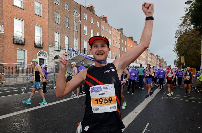 Keenan Lacey from New York crossing the finish line. Photograph: Alan Betson