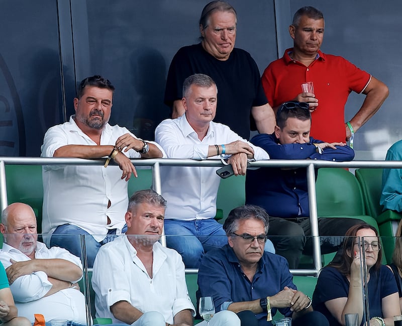 Pal Orosz (top left), chief executive of Ferencváros, and Gábor Kubatov (top centre), club president, will be expecting Robbie Keane to hit the ground running as manager. Photograph: László Szirtesi/Getty Images