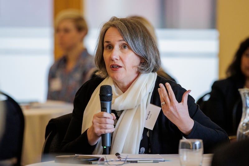 Pivotal director Ann Watt questions permanent secretary at the Department of Finance Neil Gibson during a presentation on the state of Stormont finances. Photograph: Liam McBurney/PA 