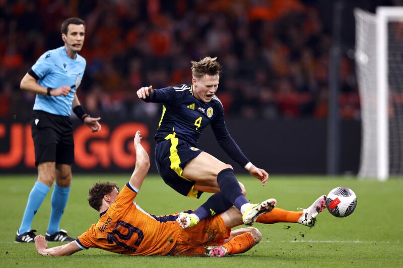 Scotland's midfielder Scott McTominay in action against the Netherlands. Photograph: Maurice van Steen/ANP/AFP via Getty Images