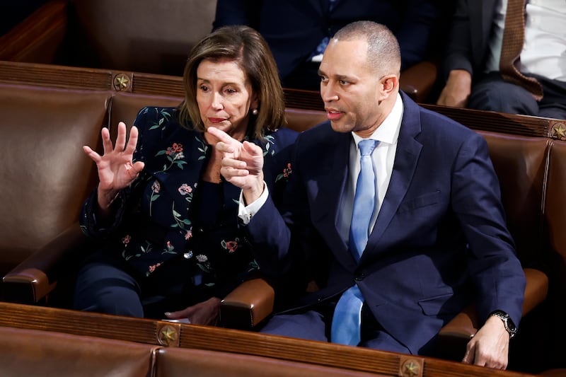 Democratic leader Hakeem Jeffries and Rep Nancy Pelosi during the fourth day of elections for Speaker of the House at the US Capitol Building on Friday. Photograph: by Anna Moneymaker/Getty Images