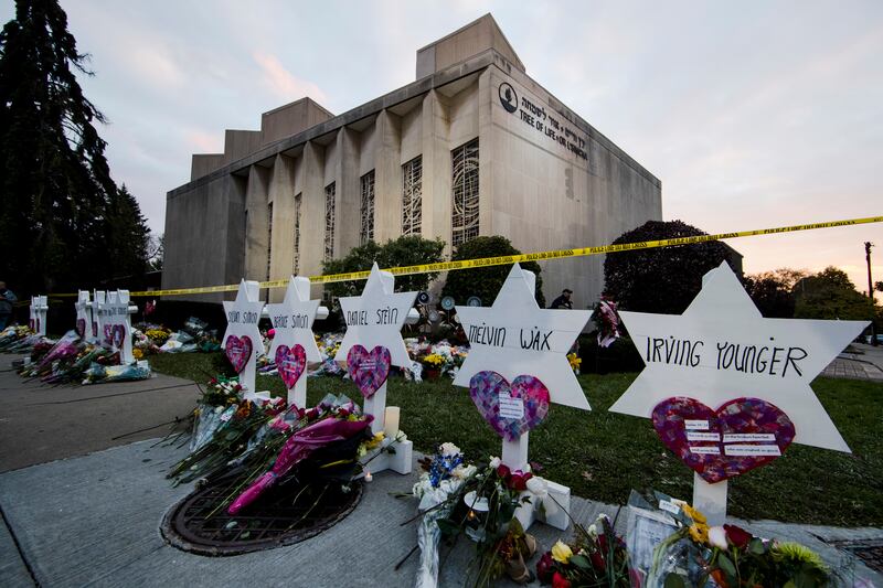 A memorial was created outside the Tree of Life Synagogue. Photograph: Matt Rourke/AP