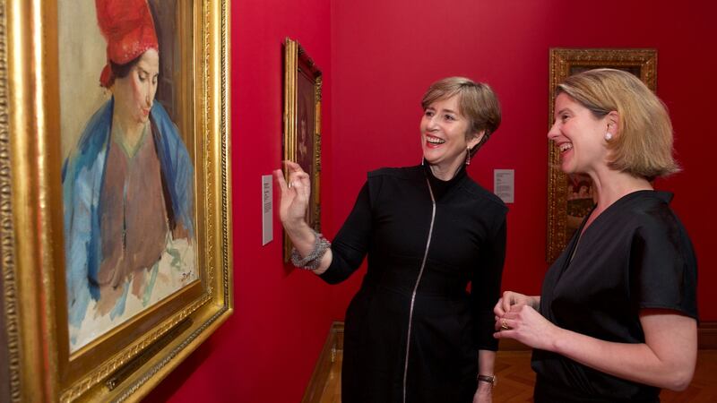 Dr Barbara Dawson, director of the Hugh Lane Gallery, left and Dr Caroline Campbell, director of collections and research, National Gallery London at the opening of The Lane Legacy exhibition at the Hugh Lane Gallery, Dublin in 2020.  Photogrph: Damien Eagers / The Irish Times