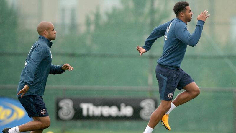 David McGoldrick and Cyrus Christie at their first Republic of Ireland training session at Gannon Park in Malahide on Tuesday. Photograph:   Donall Farmer/Inpho