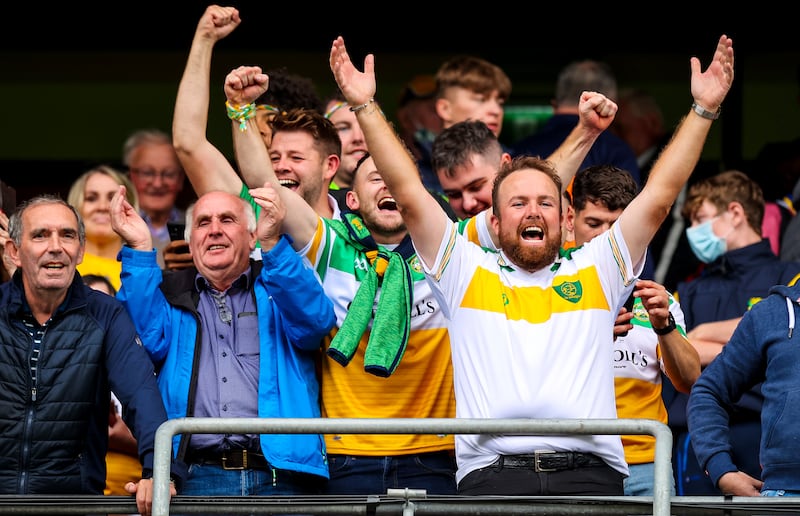 Shane Lowry celebrates victory for Offaly's under-20 footballers in 2021. Photograph: Ryan Byrne/Inpho