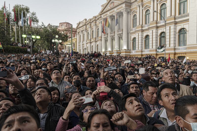 Demonstrators outside the presidential palace in La Paz, Bolivia after the failed coup attempt against the nation’s socialist government. Photographer: Marcelo Perez del Carpio/Bloomberg