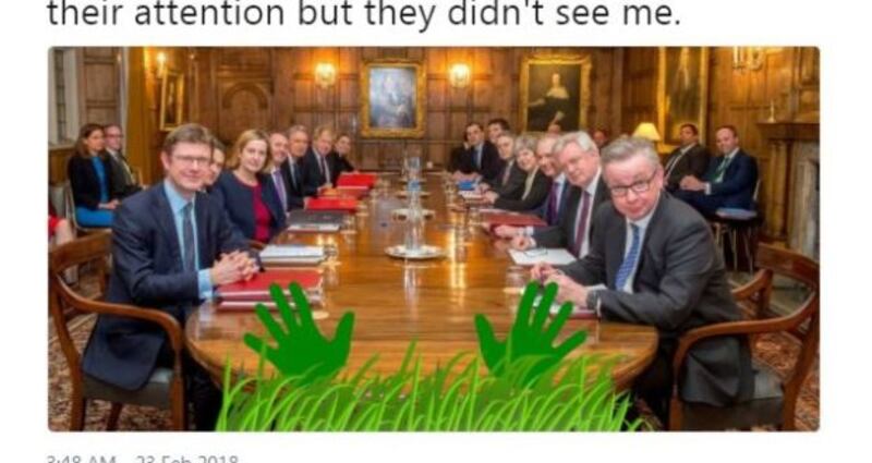 In one of its earliest tweets in February 2018, the Border showed itself sneaking into Chequers for the Conservatives’ crunch Brexit talks. Image: @BorderIrish/Twitter