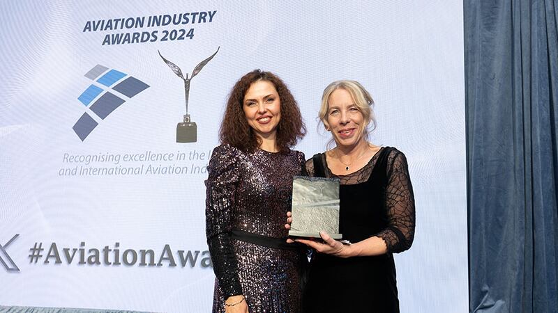 Viktoriia Ivannikova, our judging coordinator, presents the outstanding contribution to the aviation industry award to Jane Magill, Shannon Aviation Museum