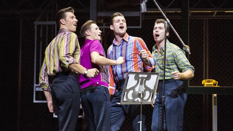 The gang in full voice: Lewis Griffiths, Tim Driesen, Sam Ferriday and Stephen Webb in Jersey Boys. Photograph: Helen Maybanks