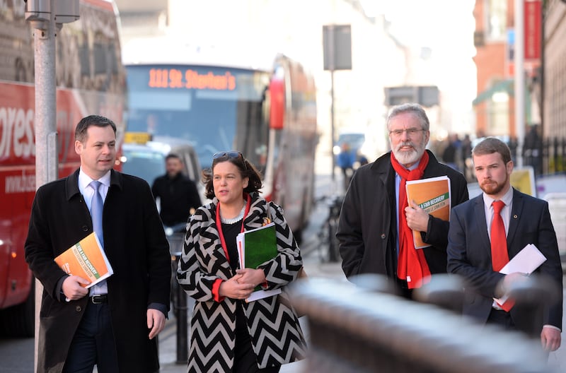 Pearse Doherty, Mary Lou McDonald, Gerry Adams and Donnchadh Ó Laoghaire on the campaign trail for Sinn Féin during the 2016 general election. Photograph: Eric Luke