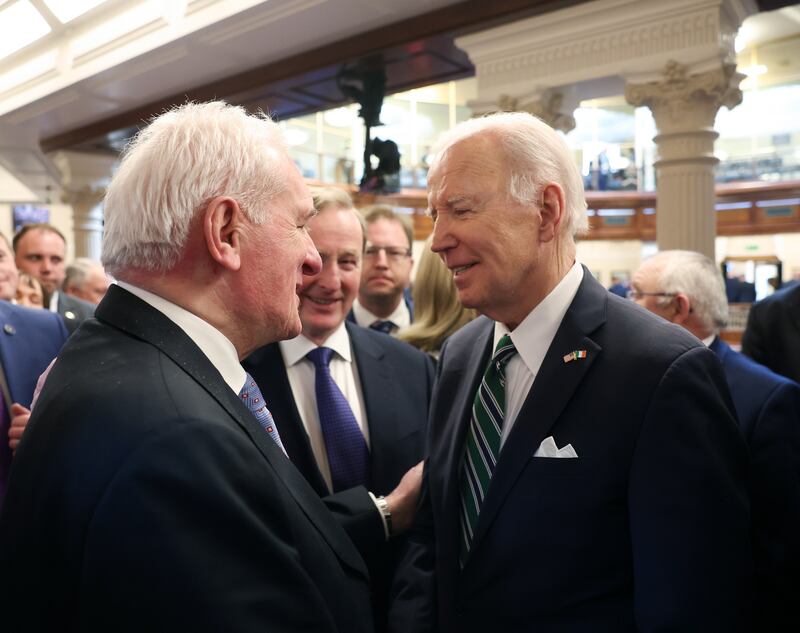 US President Joe Biden meeting with former Taoiseach Bertie Ahern and Enda Kenny after speaking in the Dáil Chamber at Leinster House for a joint address to the Houses of the Oireachtas. Photograph: Maxwells