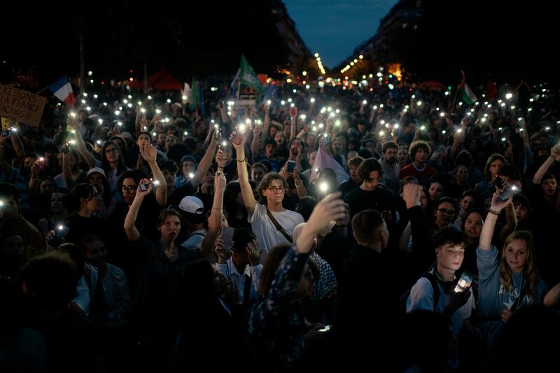 Young people at an anti-far-right rally after France’s first round of the parliamentary elections, at Place de Républic in Paris on June 30th. Photograph: Dmitry Kostyukov/New York Times