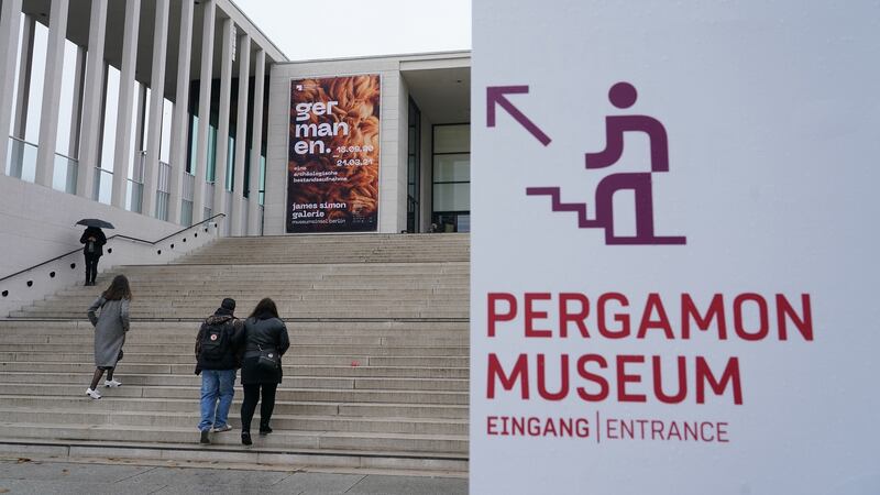 James Simon Gallery, the entrance to the Pergamon Museum, in Berlin, Germany, where art work was vandalised. Photograph:  Sean Gallup/Getty