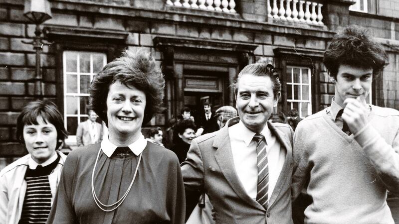 Mary O’Rourke on her first day in the Dáil with son Aengus, husband Enda and son Feargal after she was elected as a TD Longford-Westmeath in the 1982 general election.