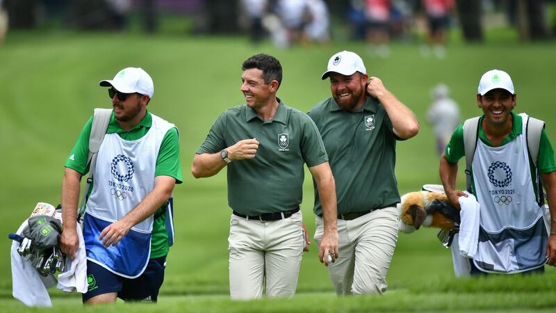 Shane Lowry became the 20th player from Ireland to play in the Ryder Cup when he made his debut alongside Rory McIlroy and the other European players at Whistling Straits. Photograph: Kazuhiro Nogi/AFP via Getty Images