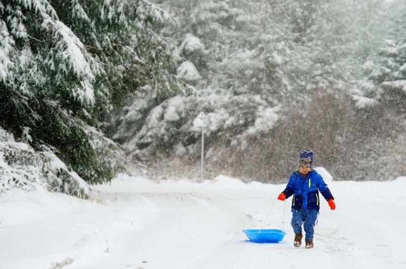 Three year old Dominic Manta, from Clondalkin, pulls his sleigh in the Dublin mountains following heavy snow fall on Thursday. Photograph: Brian Lawless/PA 