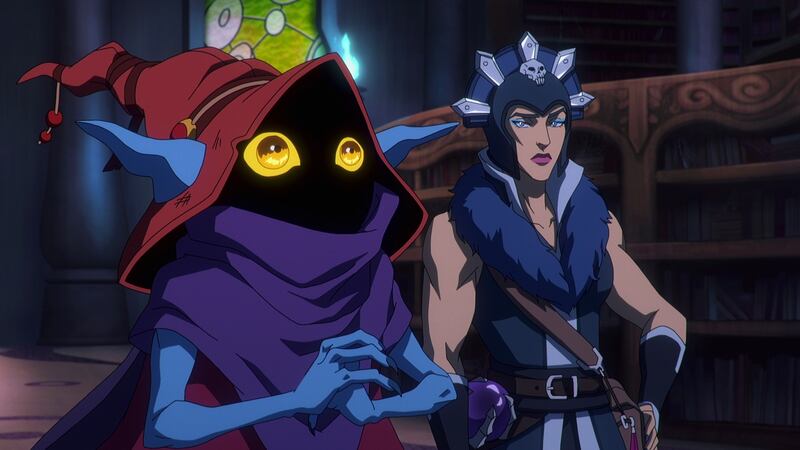 Orko (voiced by Griffin Newman) and Evil-Lyn (voiced by Lena Headey) in Masters of the Universe: Revelation