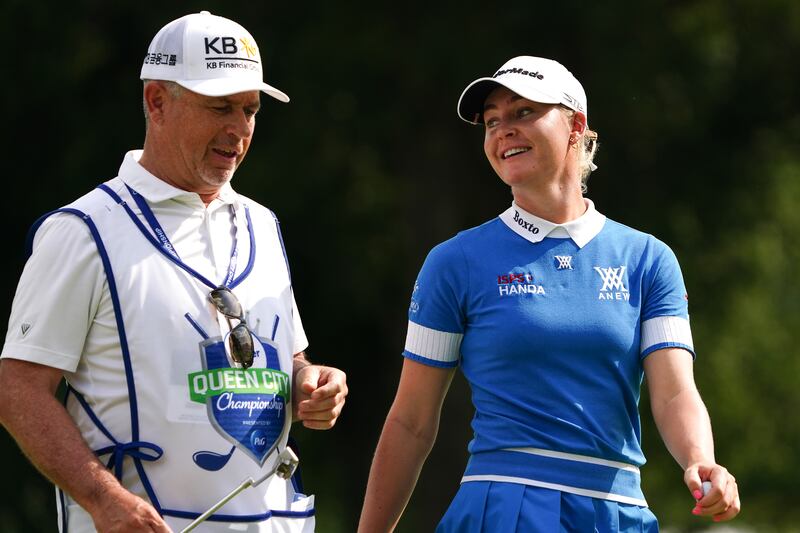 Charley Hull of England and her caddie during the final round of the Kroger Queen City Championship earlier this month in Cincinnati, Ohio. Photograph: Dylan Buell/Getty Images