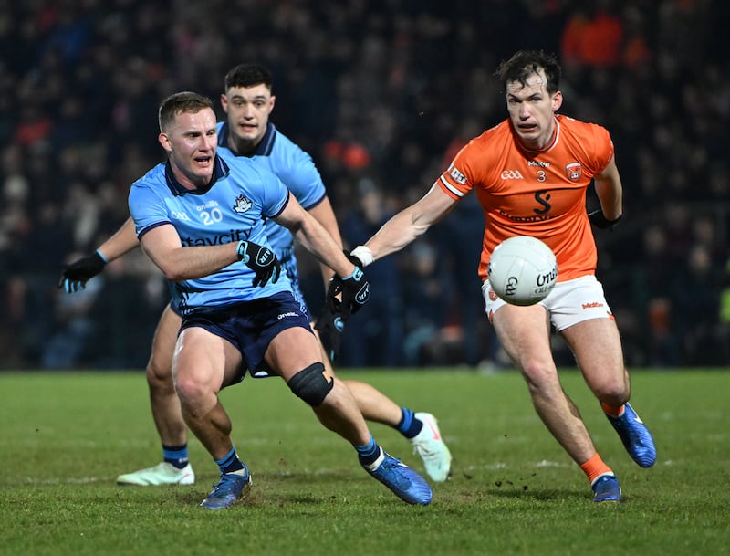 Dublin's Ciaran Kilkenny and Barry McCambridge of Armagh at the Athletic Grounds, Armagh, on March 1st, 2025. Photograph: Andrew Paton/Inpho 