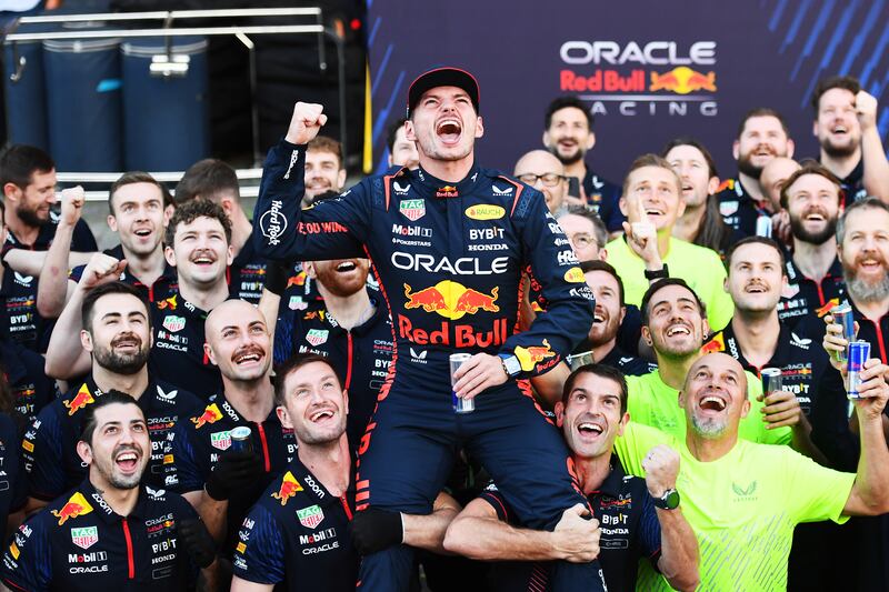 Race winner Max Verstappen celebrates with his team in the Pitlane after the F1 Grand Prix of Brazil at Autodromo Jose Carlos Pace in Sao Paulo, Brazil. Photograph: Rudy Carezzevoli/Getty Images