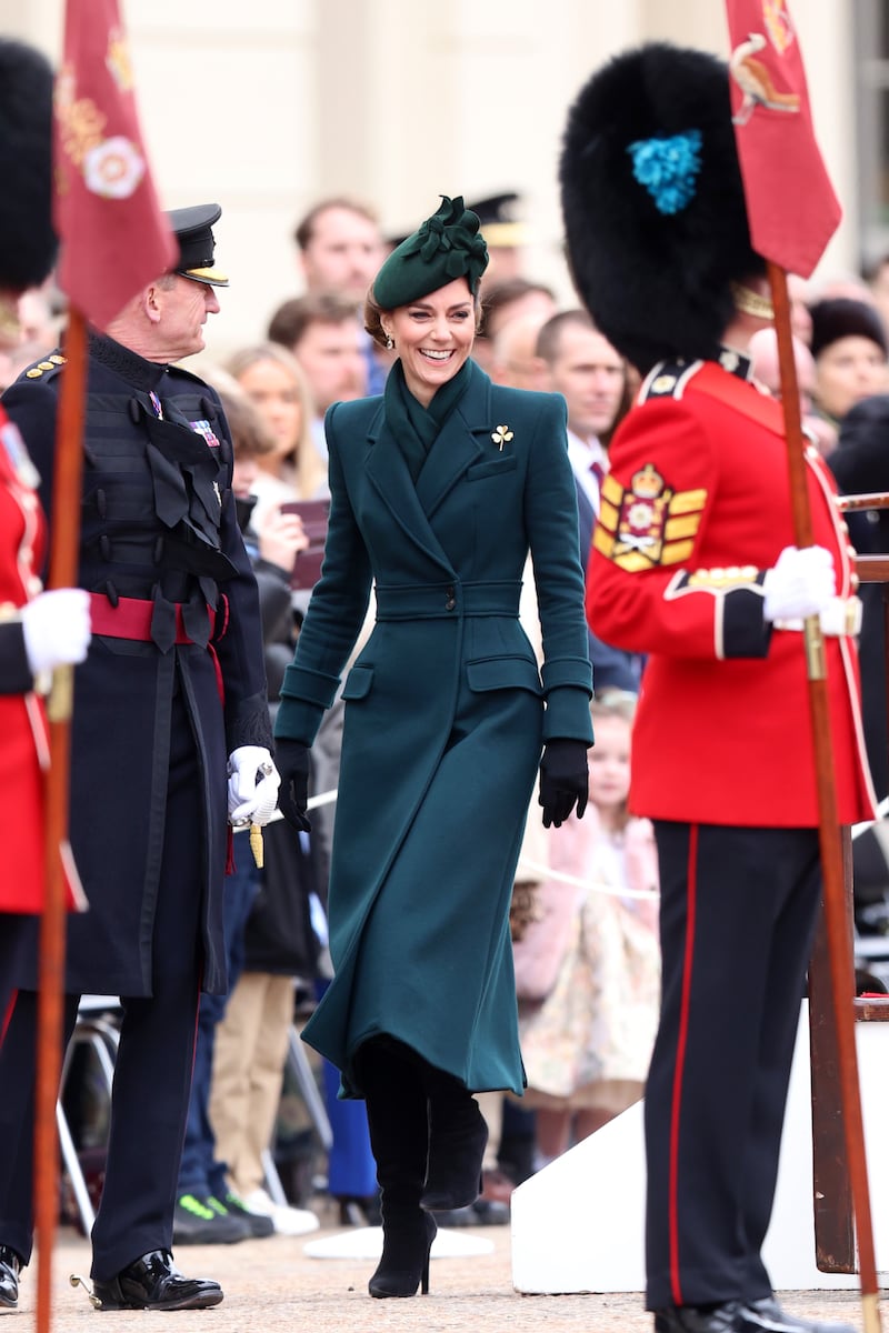 Catherine, Britain's Princess of Wales during the 2025 Irish Guards' St. Patrick's Day Parade at Wellington Barracks in London. 
Photograph: Chris Jackson/Getty Images